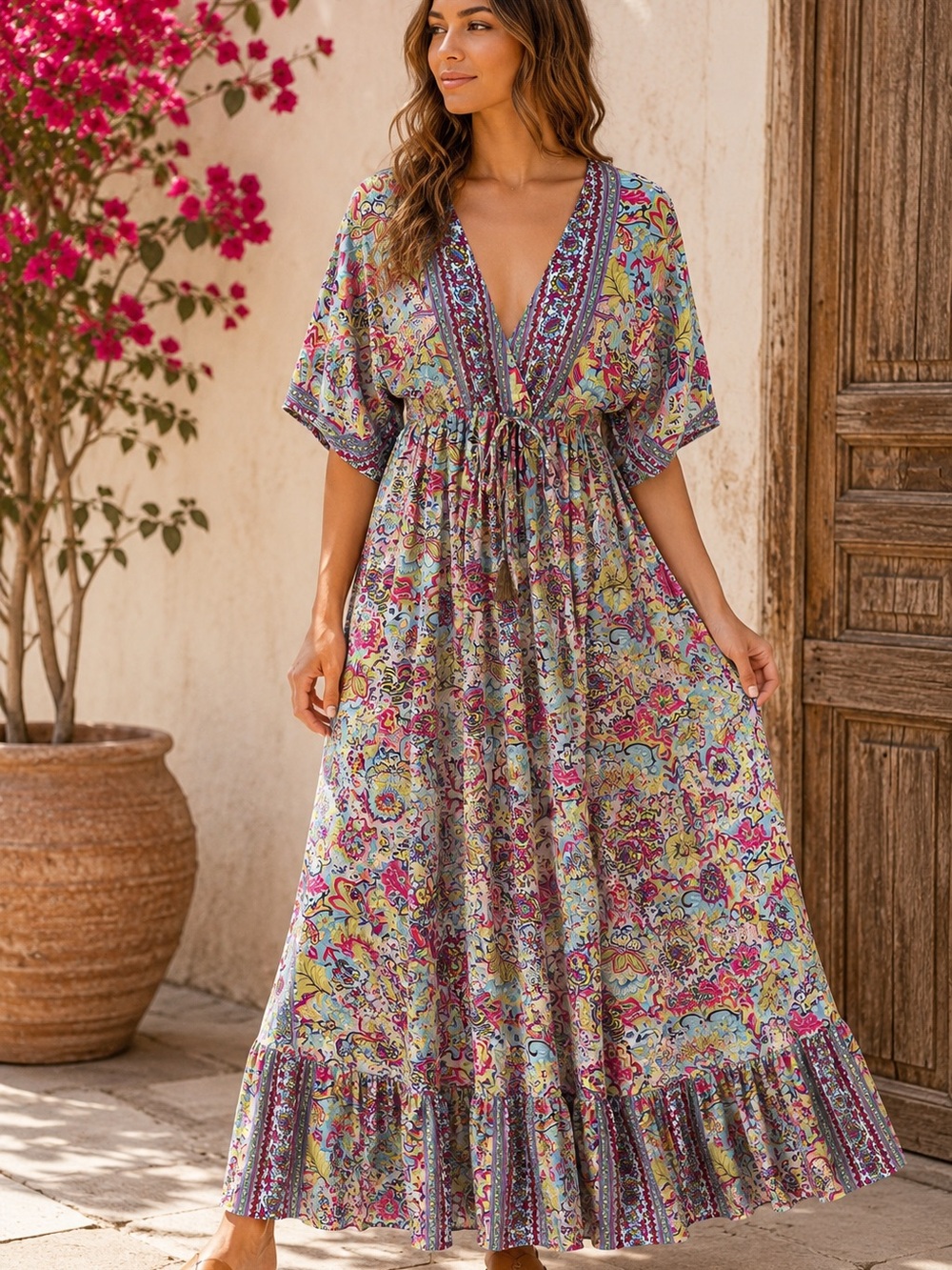 Elegant Floral Maxi Dress with V-Neck